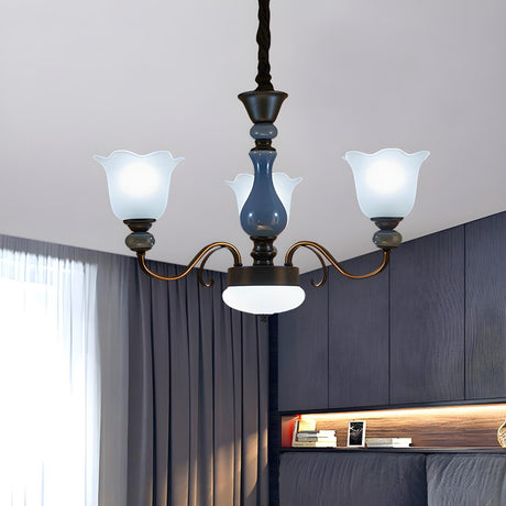 Classic Bedroom 3-Light Blue Milk Glass Floral Chandelier Image - 2