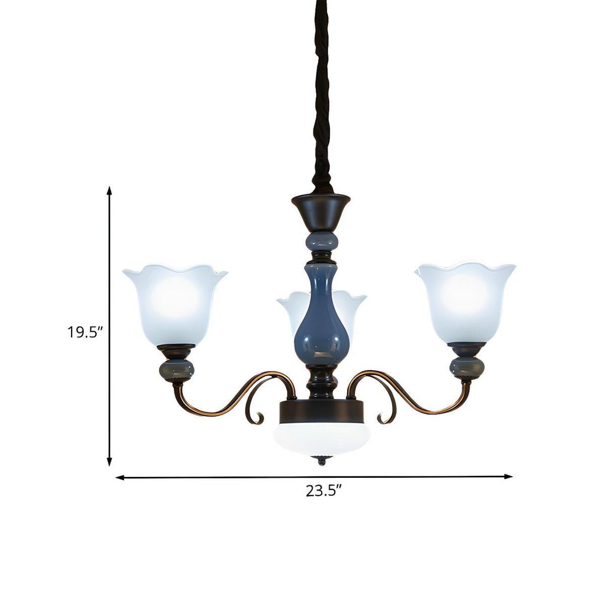 Classic Bedroom 3-Light Blue Milk Glass Floral Chandelier 