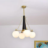 Classic Bedroom 4-Light White Glass Globe Black Brass Chandelier Image - 2