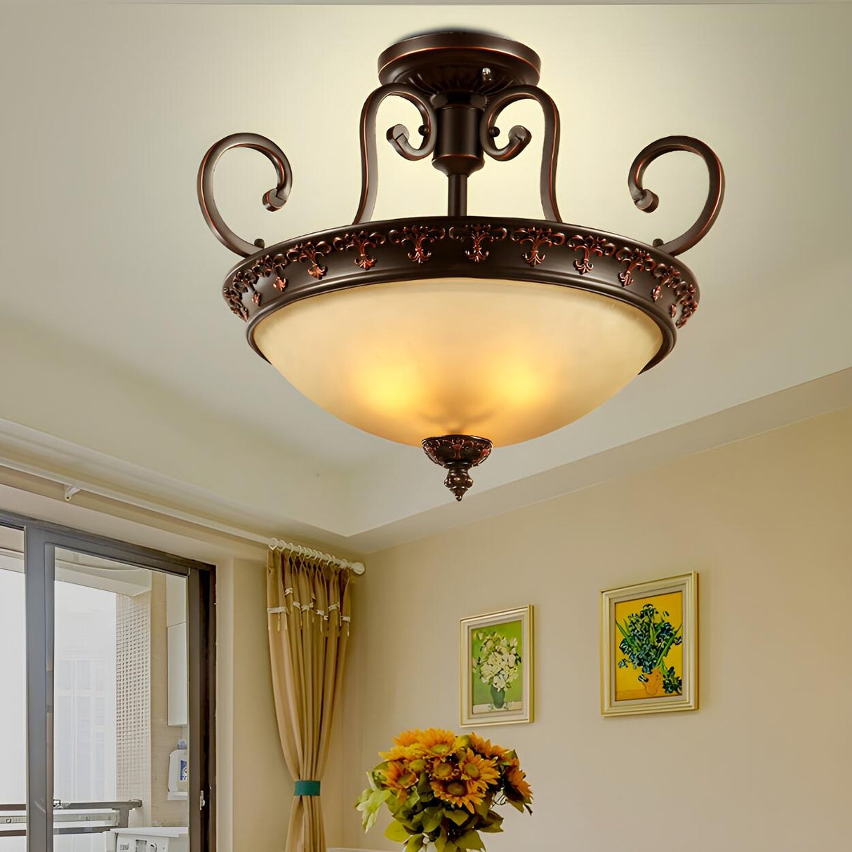 Classic Bedroom Bowl-Shaped Brown Semi-Flush Mount Lamp Image - 4