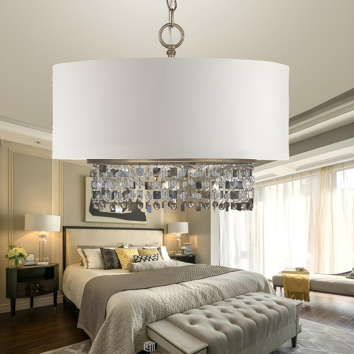 Classic Bedroom Drum White Fabric White Droplet Chandelier Image - 3