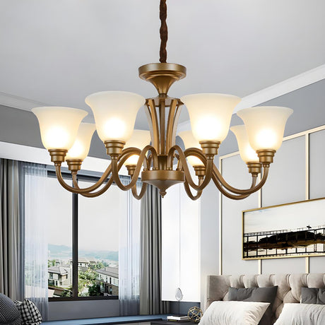 Classic Bedroom Frosted Glass Bell Brass Chandelier Image - 2