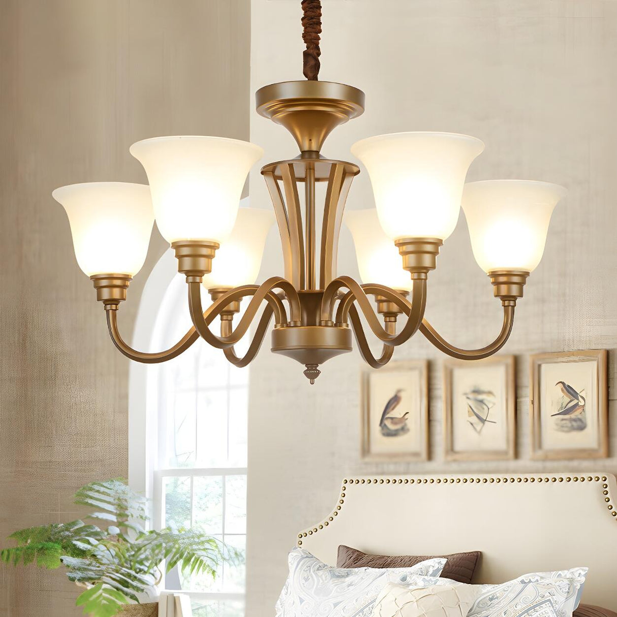 Classic Bedroom Frosted Glass Bell Brass Chandelier Image - 4