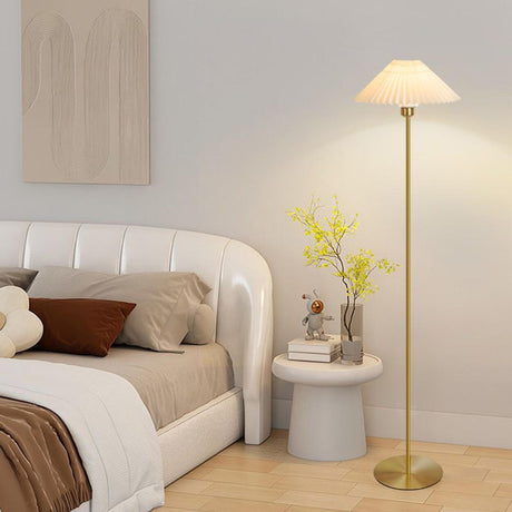 Classic Bedside Pleated Gold Metal Floor Lamp Image - 1