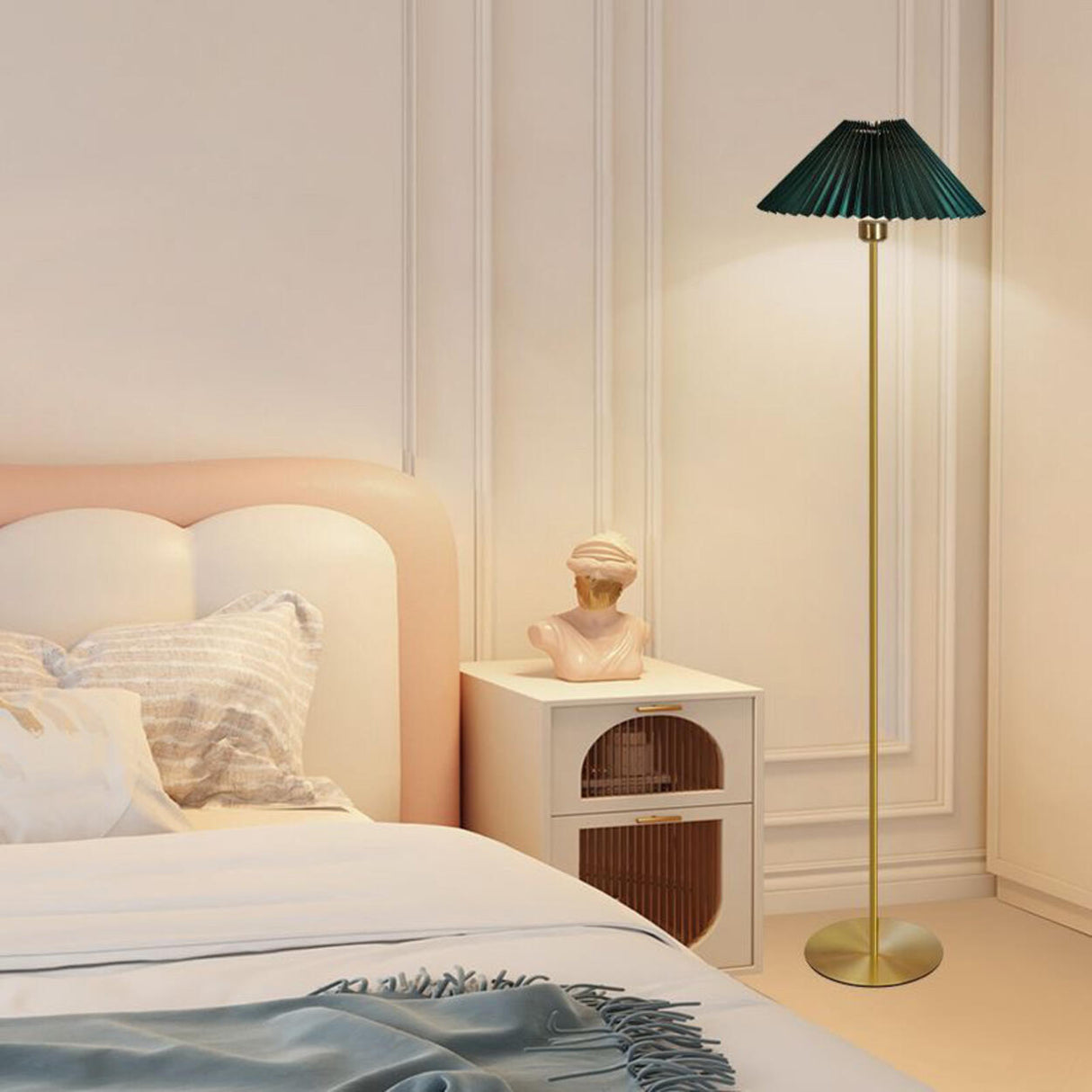 Classic Bedside Pleated Gold Metal Floor Lamp Image - 4