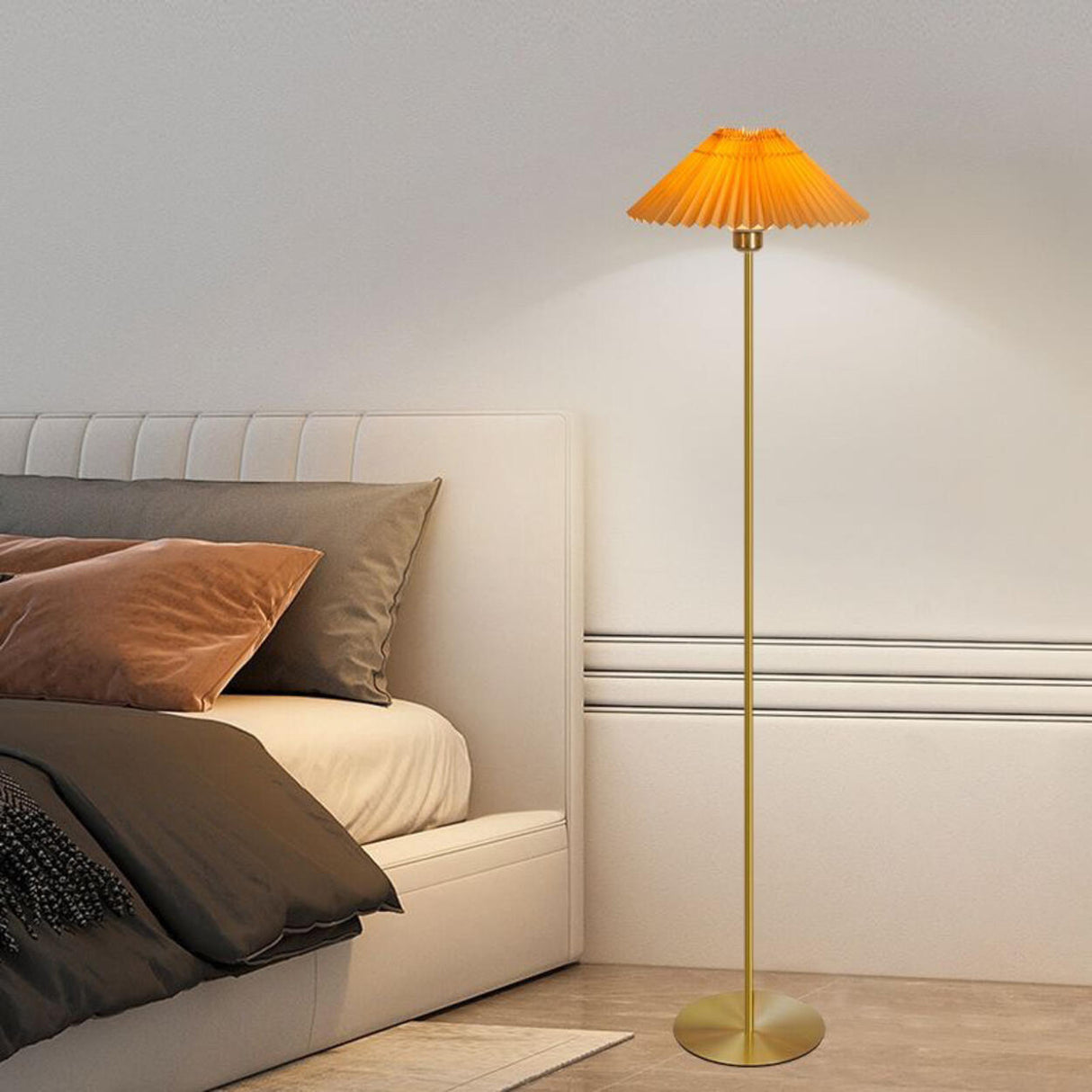 Classic Bedside Pleated Gold Metal Floor Lamp Image - 6