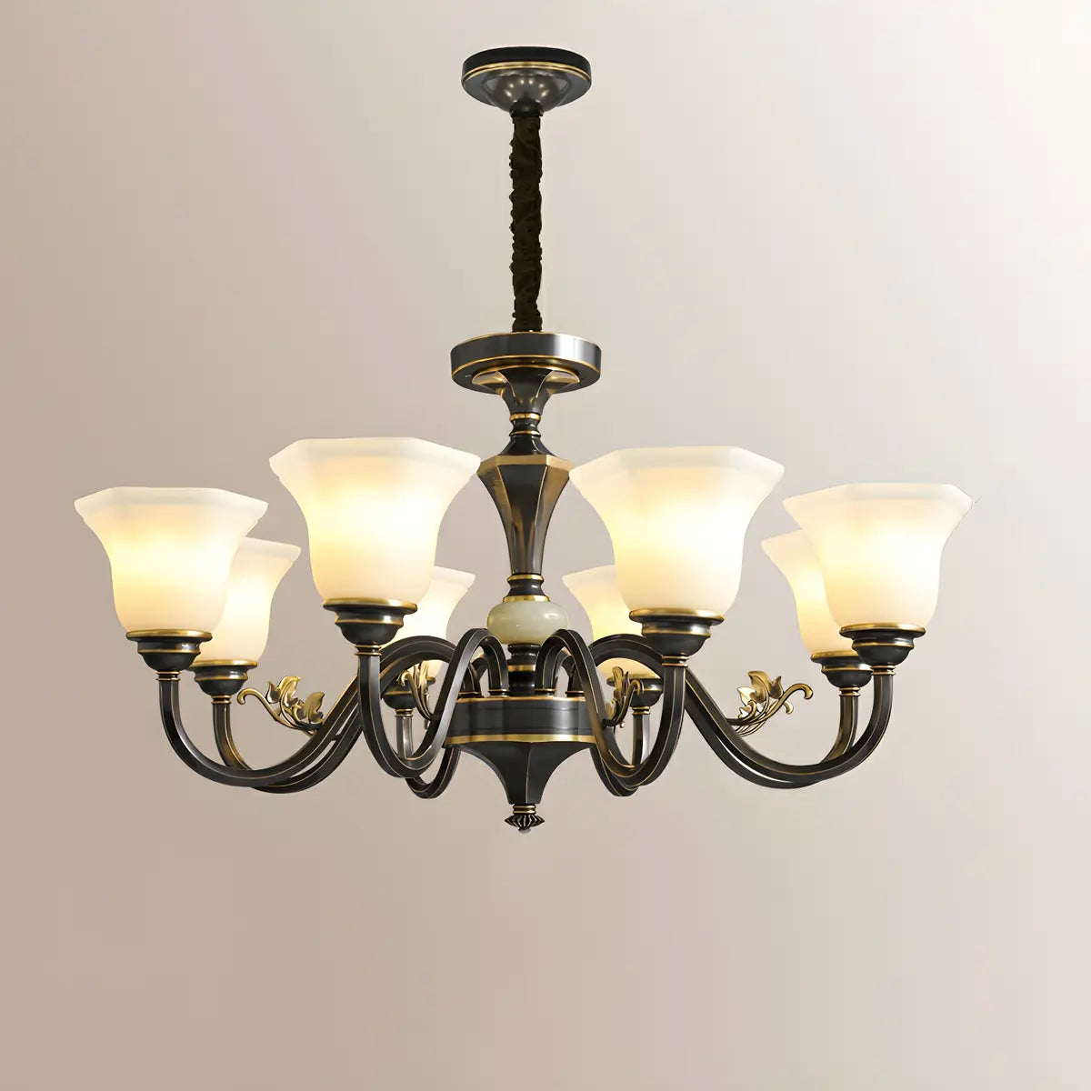 Classic Bell Frosted Glass Living Room Black Chandelier Image - 5