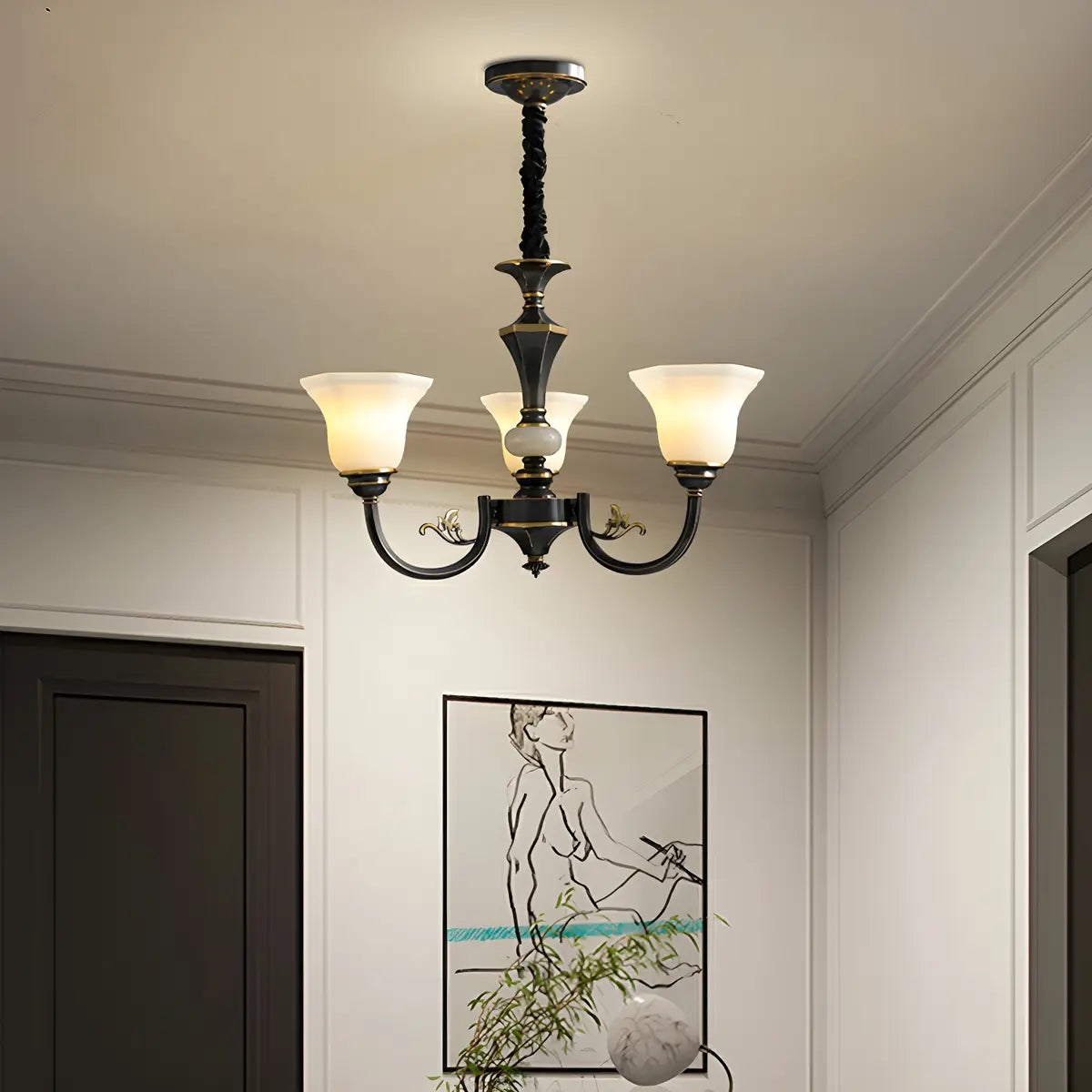 Classic Bell Frosted Glass Living Room Black Chandelier Image - 8