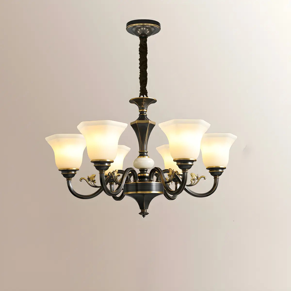 Classic Bell Frosted Glass Living Room Black Chandelier Image - 9