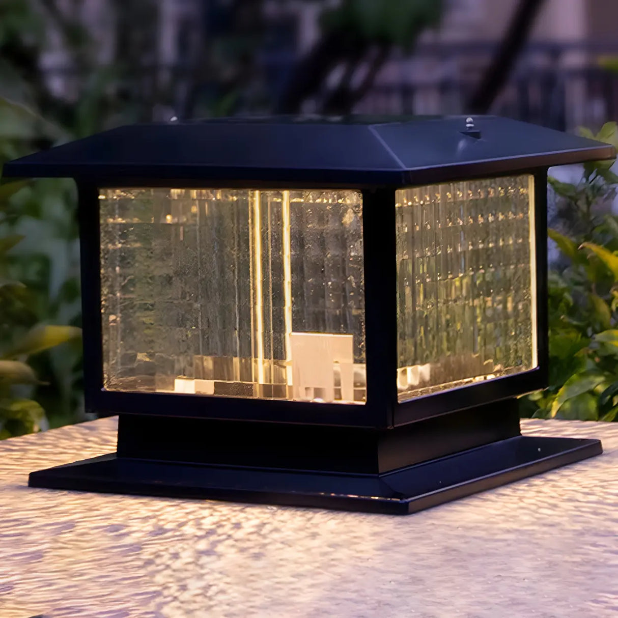 Classic Black Cube Glass Solar Outdoor Table Lamp Image - 2