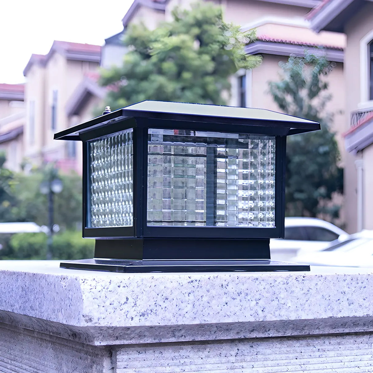 Classic Black Cube Glass Solar Outdoor Table Lamp Image - 5