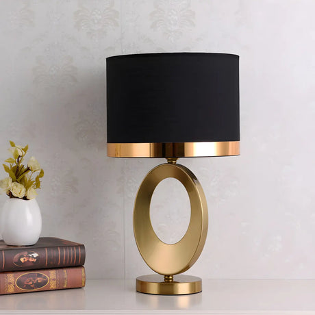 Classic Black Drum Fabric Oval Metal Base Table Lamp Image - 1