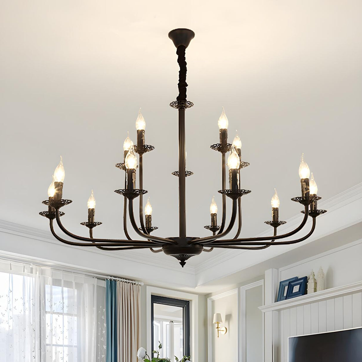 Classic Black Iron Candle Living Room Pendant Chandelier Image - 1