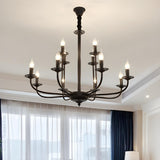 Classic Black Iron Candle Living Room Pendant Chandelier Image - 2