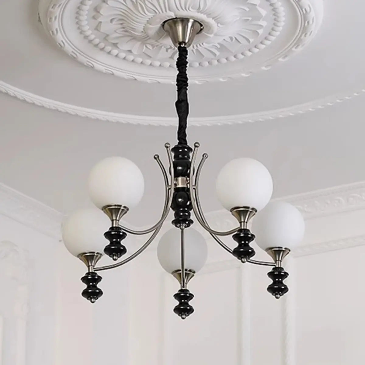 Classic Black Round Metal Globe Adjustable Height Chandelier Image - 16