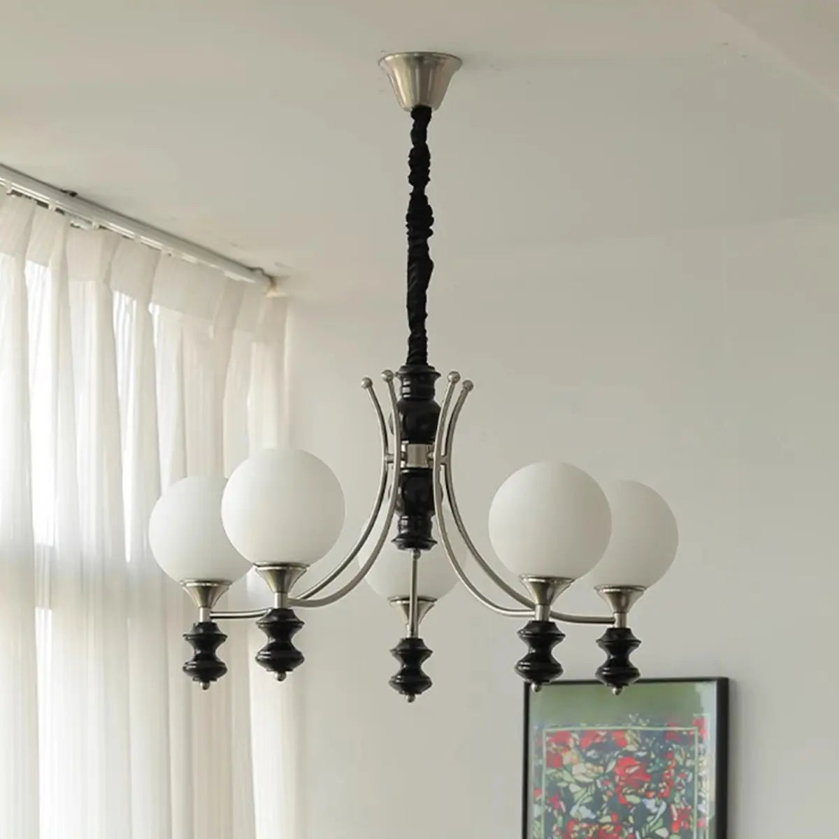 Classic Black Round Metal Globe Adjustable Height Chandelier Image - 3