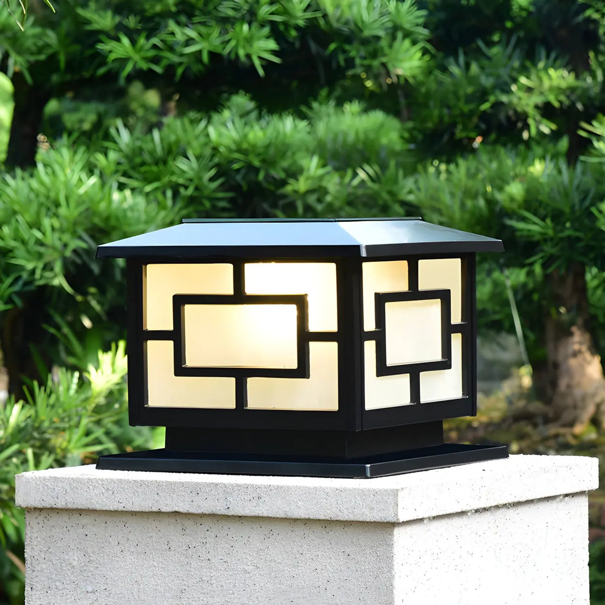 Classic Black Square Solar Lantern Outdoor Pillar Lamp Image - 3