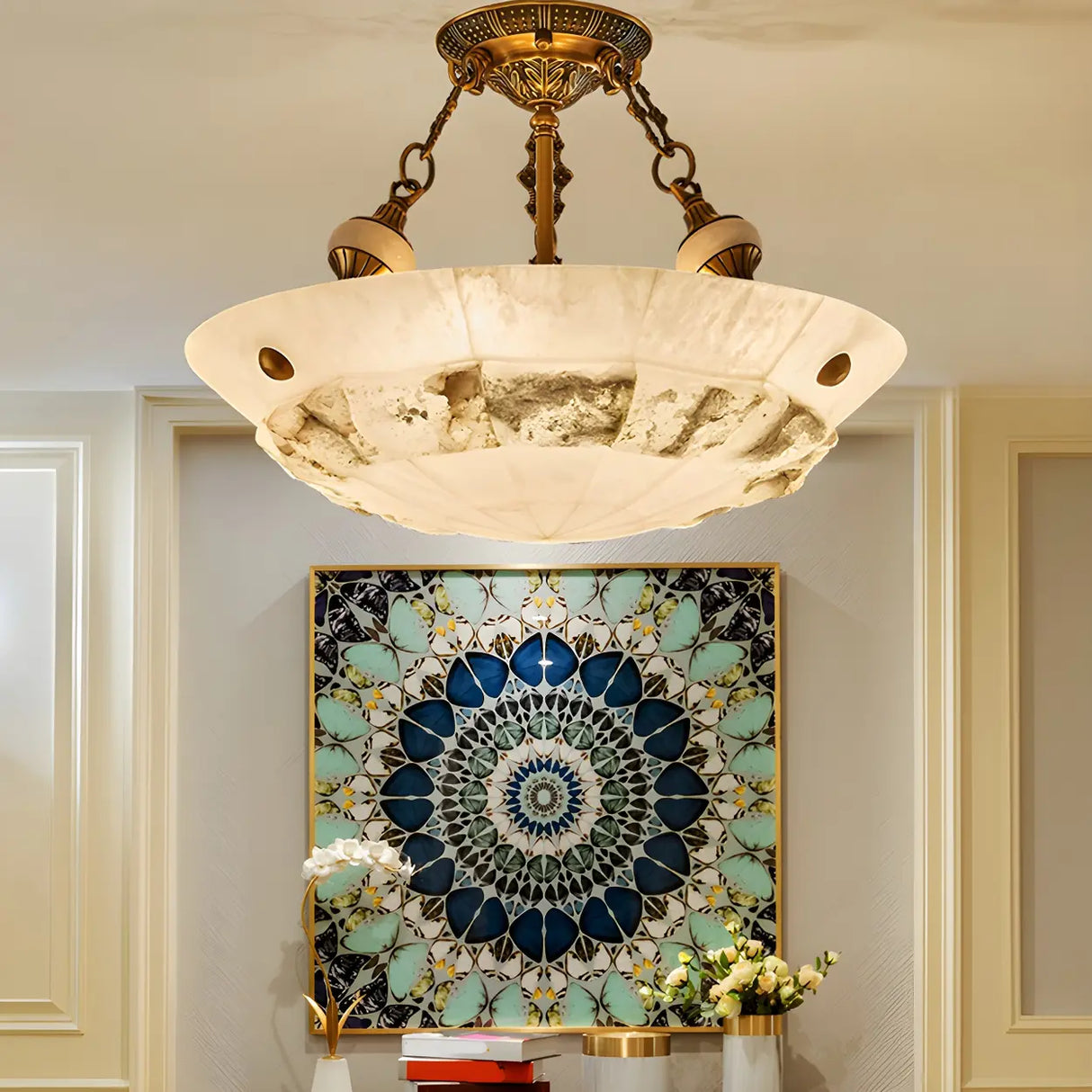 Classic Bowl-Shaped Stone Semi-Flush Mount Ceiling Lamp Image - 1