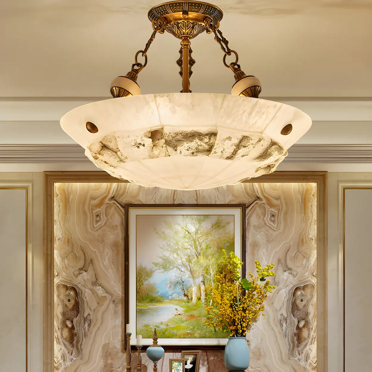 Classic Bowl-Shaped Stone Semi-Flush Mount Ceiling Lamp Image - 3