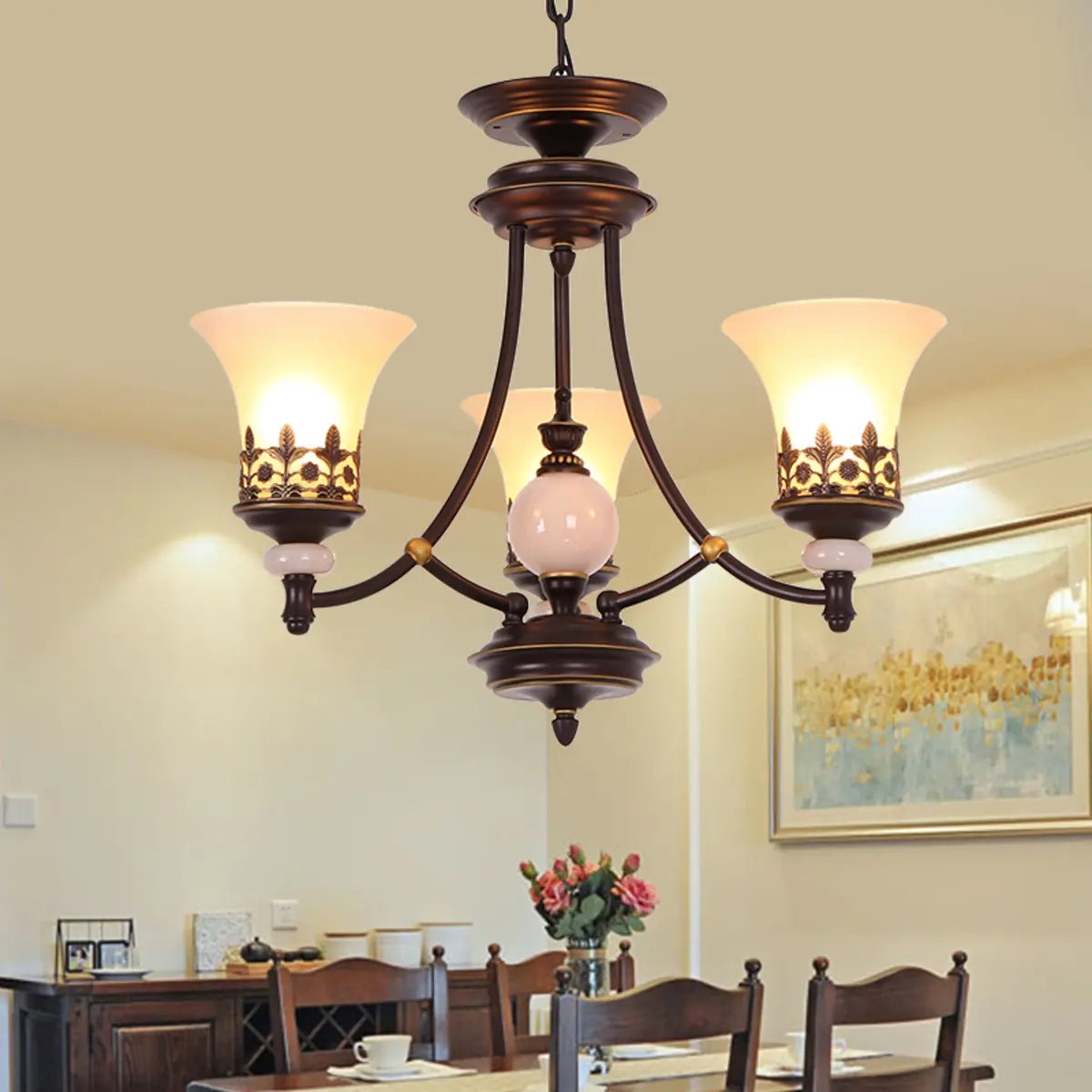 Classic Bronze Frosted White Glass Dome Chandelier Image - 17