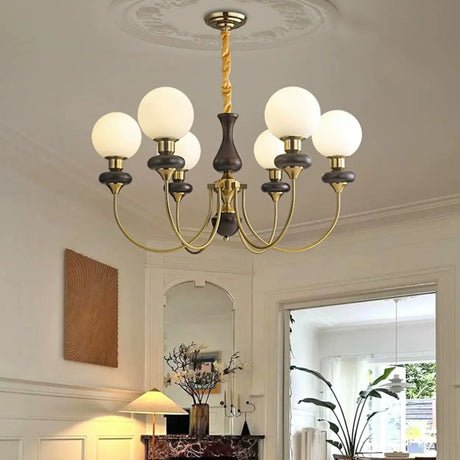 Classic Brass Chandelier White Glass Globe Living Room Image - 1