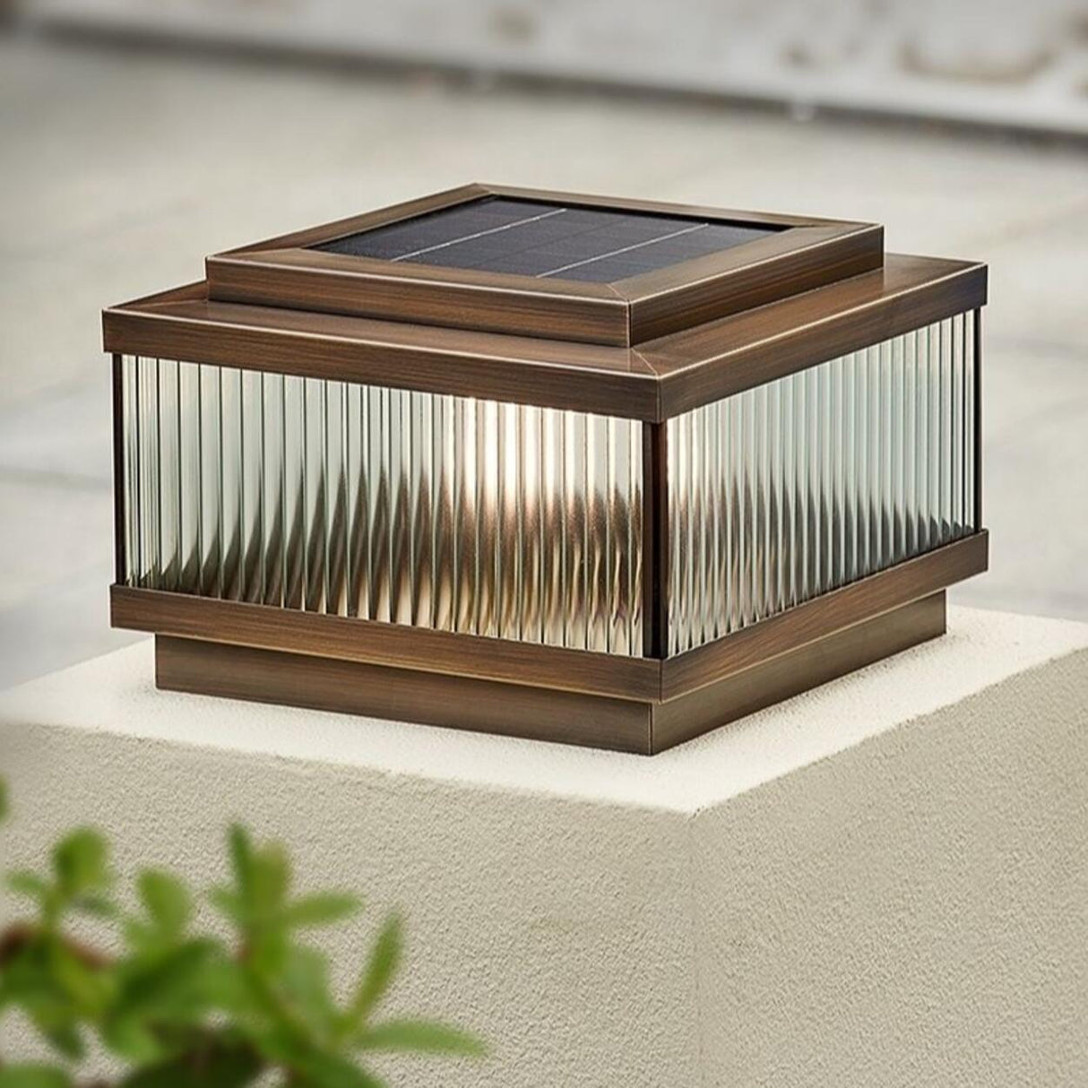 Classic Bronze Solar Ribbed Glass Outdoor Table Lamp Image - 8