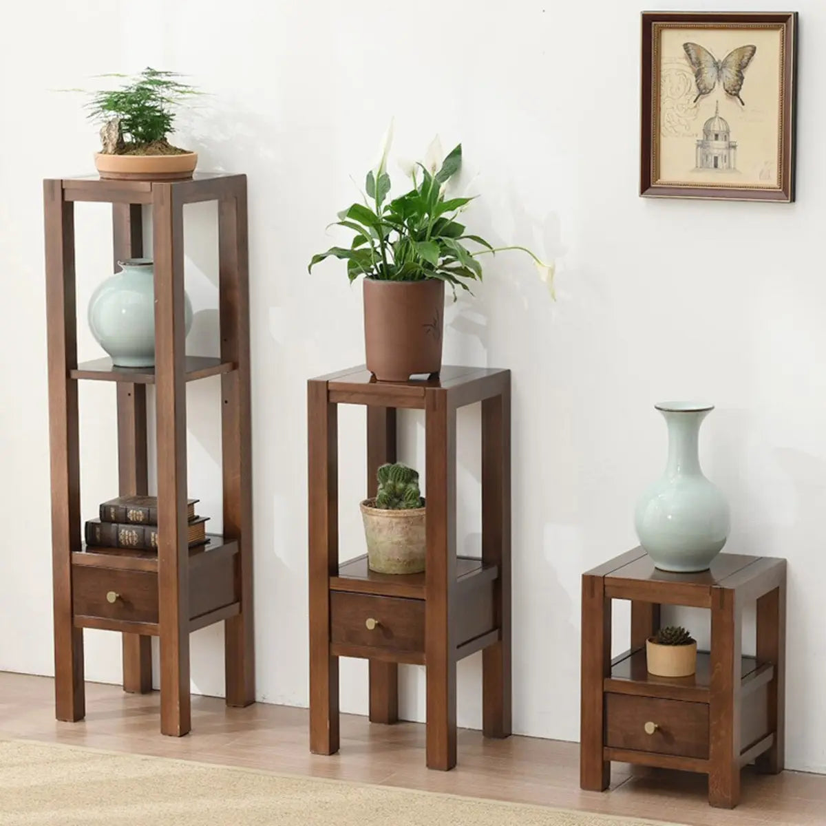 Classic Brown 2 Tiers Square Wood Base Plant Stands Image - 1