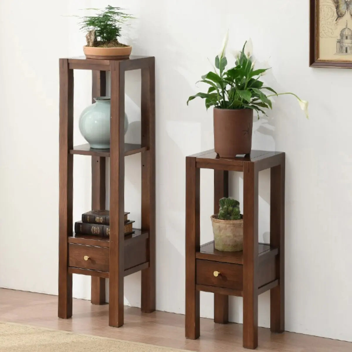 Classic Brown 2 Tiers Square Wood Base Plant Stands Image - 3