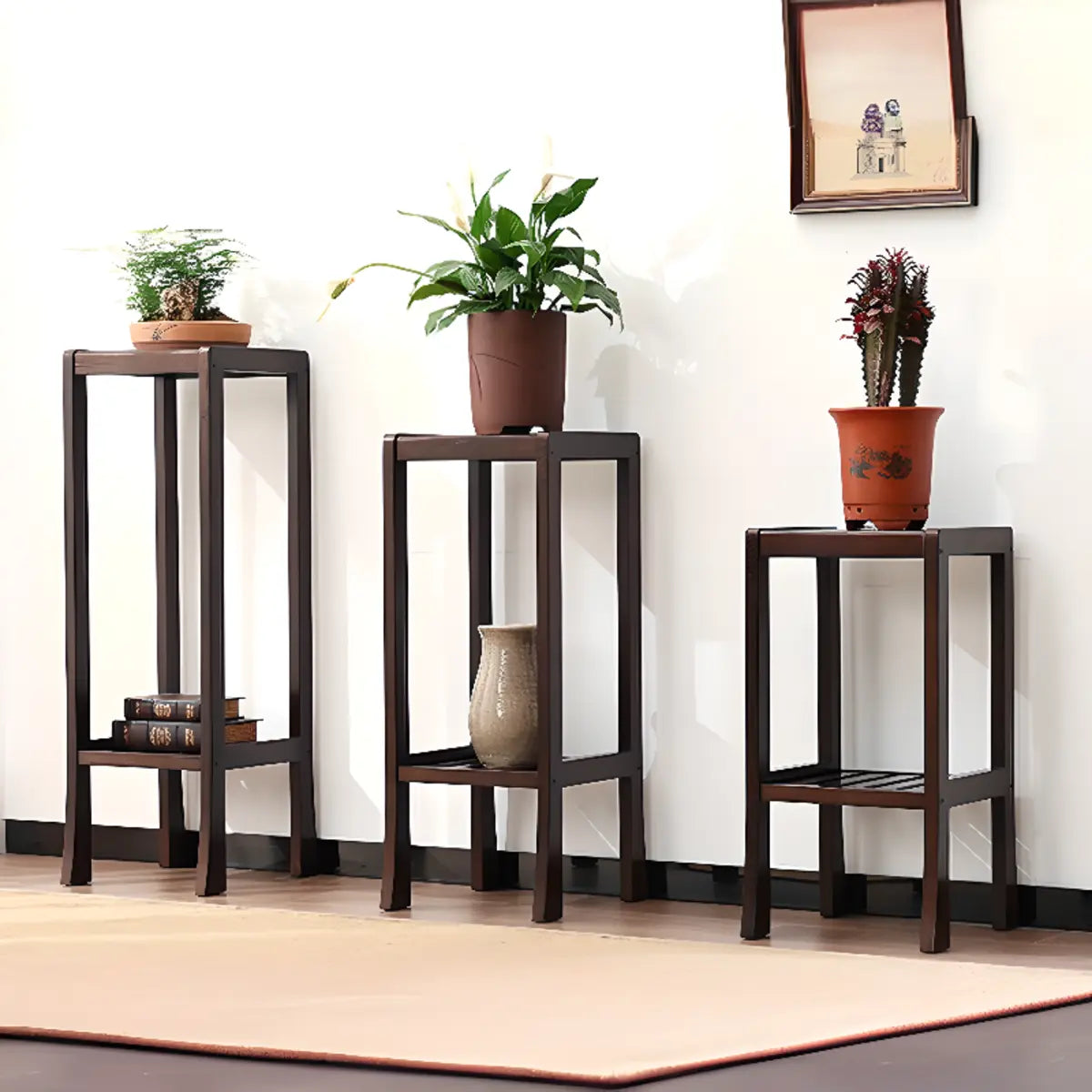 Classic Brown 2 Tiers Square Wood Base Plant Stands Image - 4