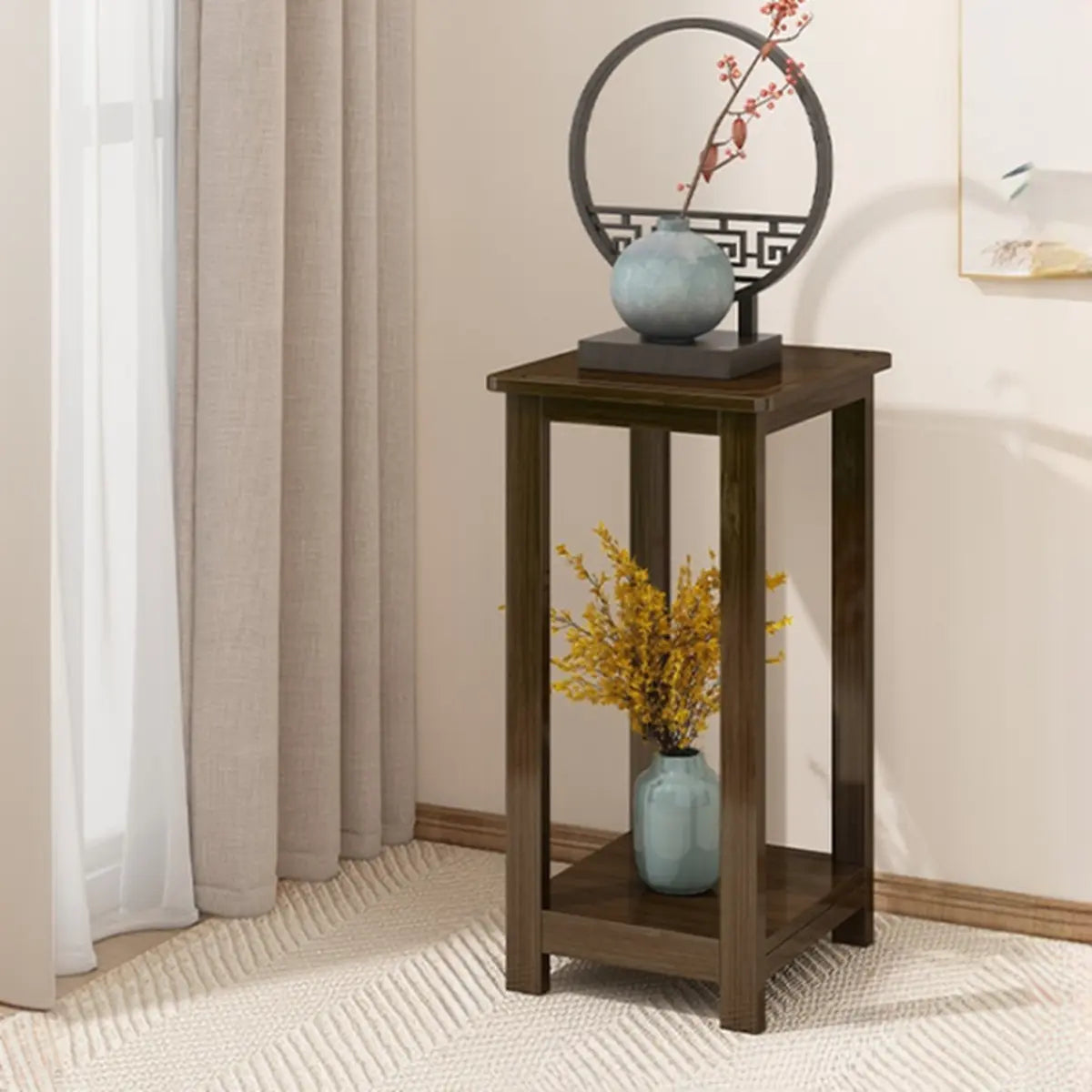 Classic Brown Square 2-Layers Bamboo Indoor Plant Stand Image - 13