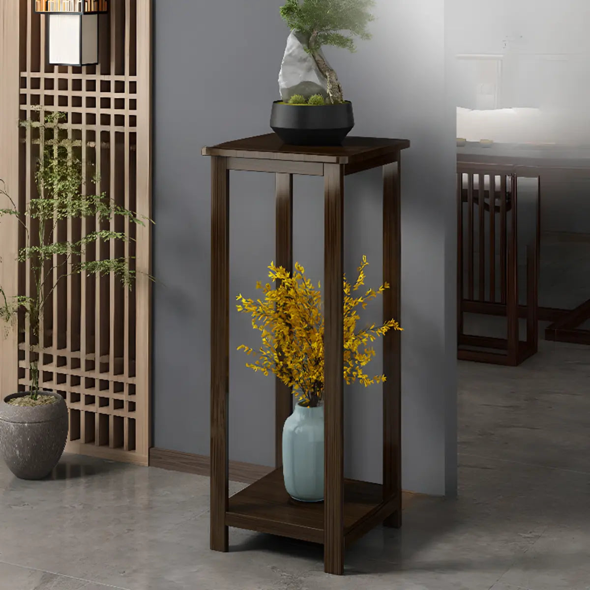 Classic Brown Square 2-Layers Bamboo Indoor Plant Stand Image - 2