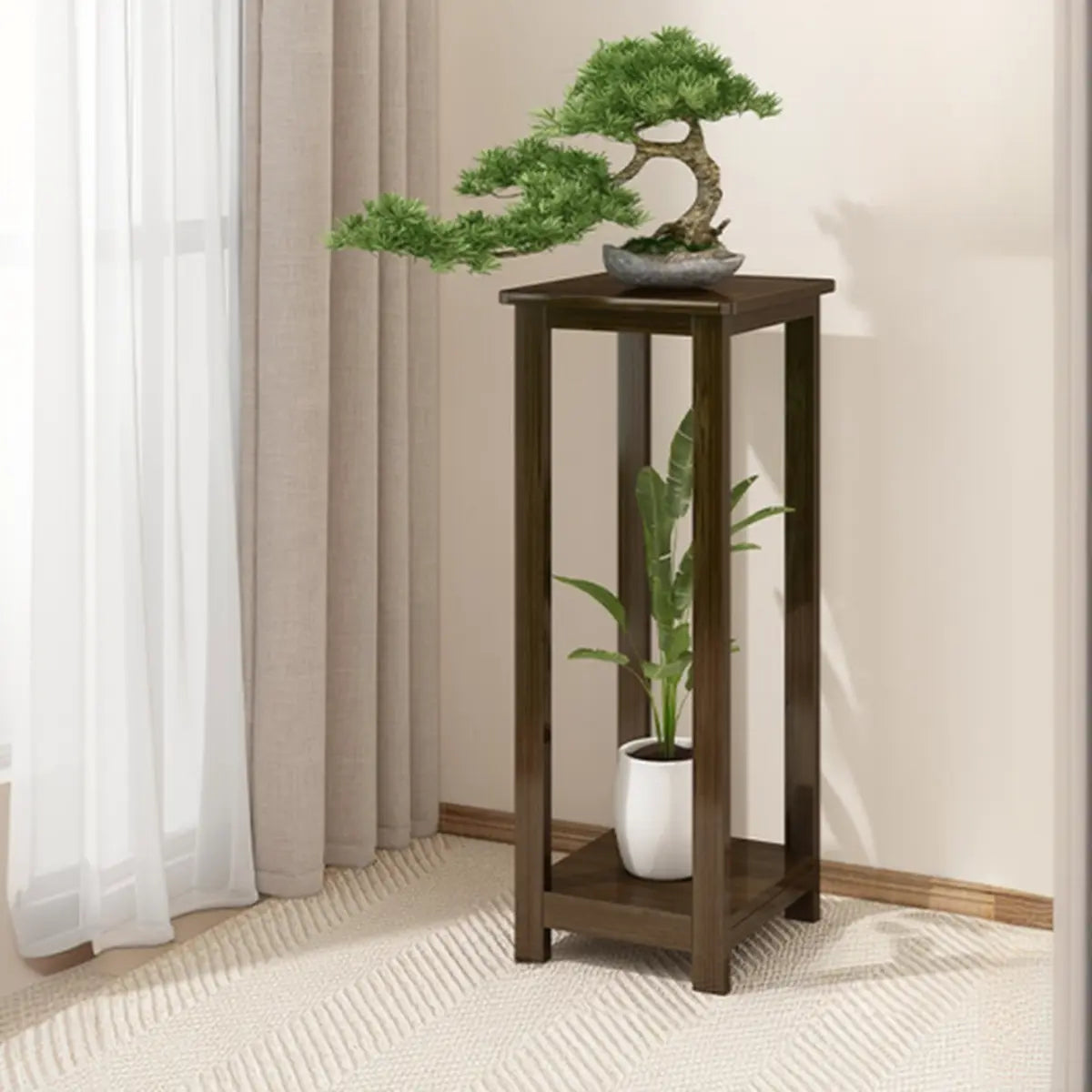 Classic Brown Square 2-Layers Bamboo Indoor Plant Stand Image - 3