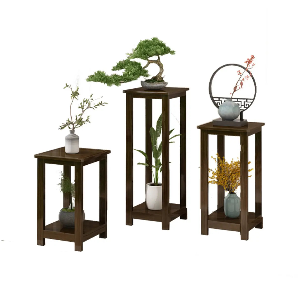 Classic Brown Square 2-Layers Bamboo Indoor Plant Stand Image - 5