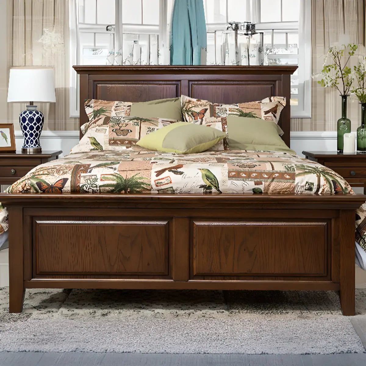 Classic Brown Wooden Queen Slat Bed with Headboard Image - 1