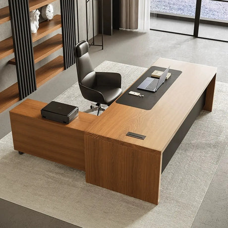 Classic Brown Wooden Rectangle Office Computer Desk Image - 1