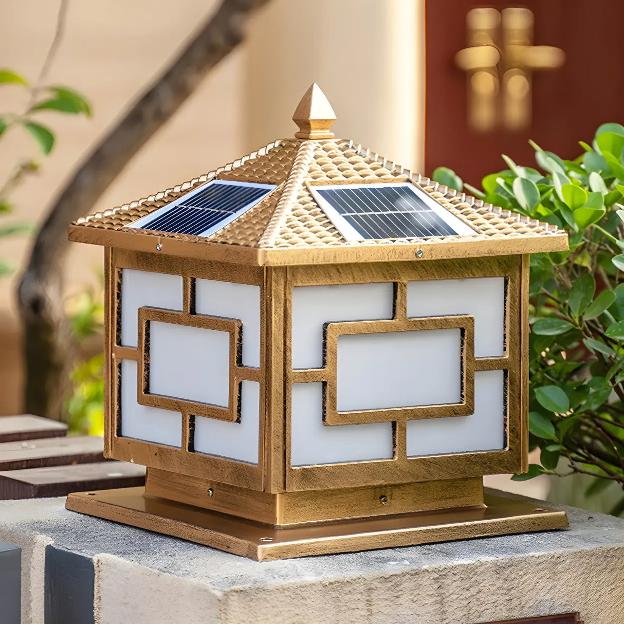 Classic Chinese Solar Post Lantern Outdoor Patio Lamp Image - 1