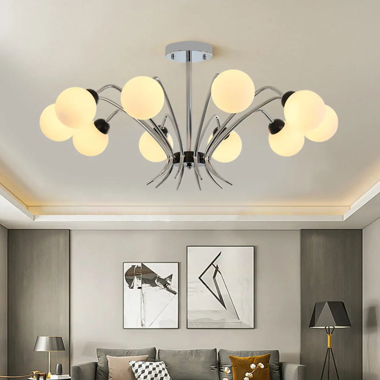 Classic Chrome White Globe Living Room Pendant Chandelier Image - 1