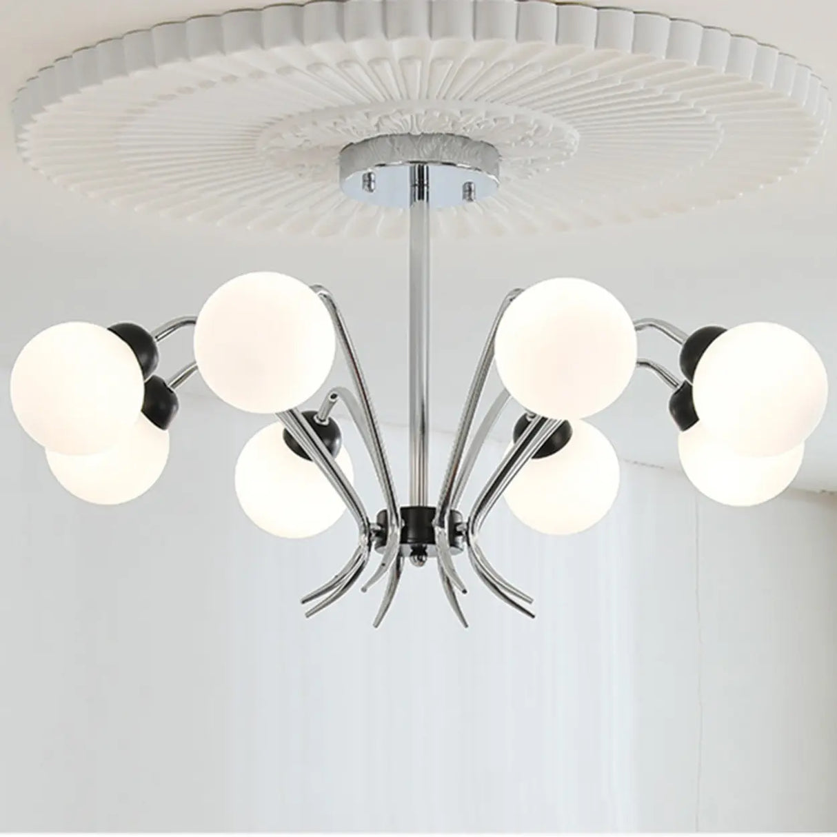 Classic Chrome White Globe Living Room Pendant Chandelier Image - 5