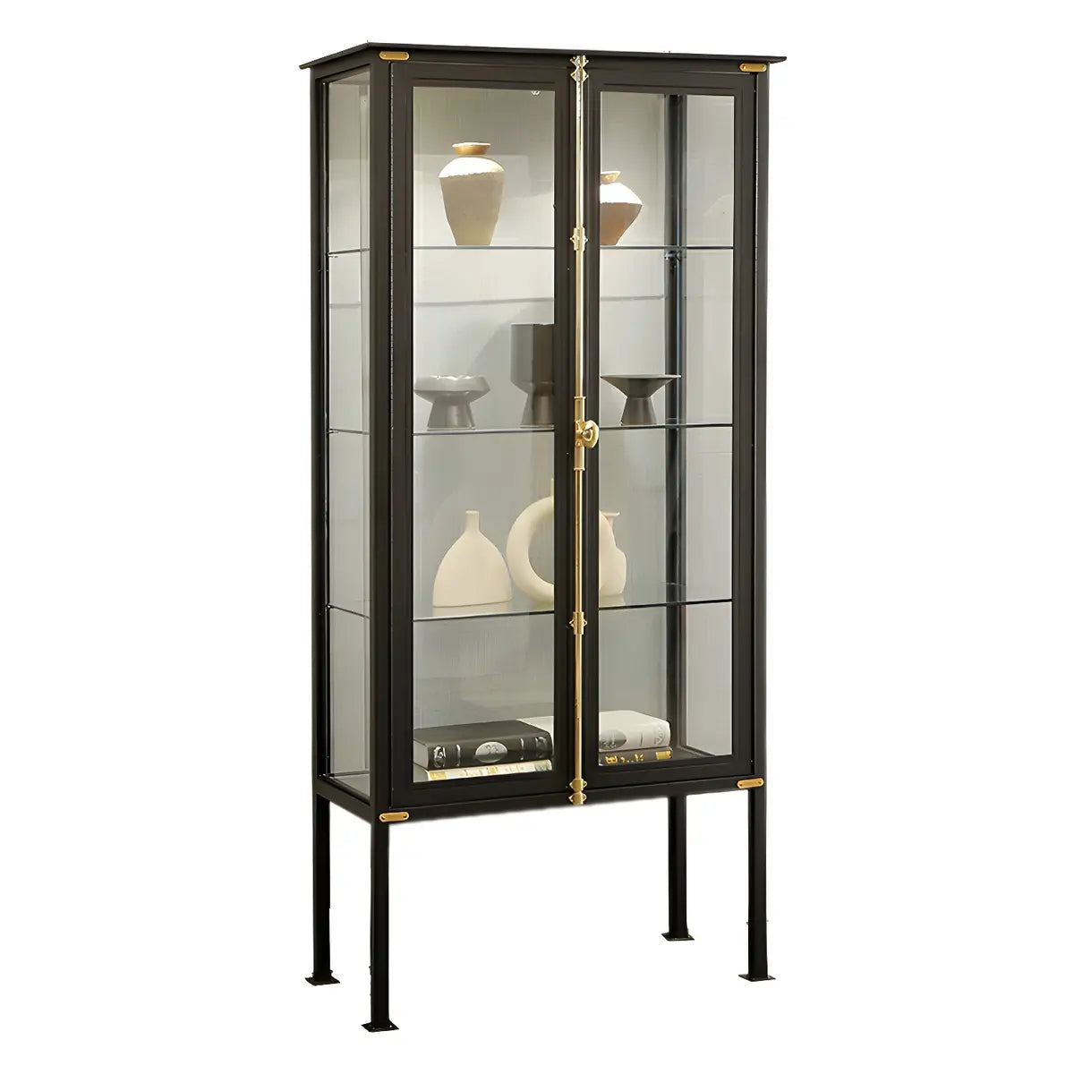 Classic Clear Glass Black Metal Curio Display Cabinet Image - 11