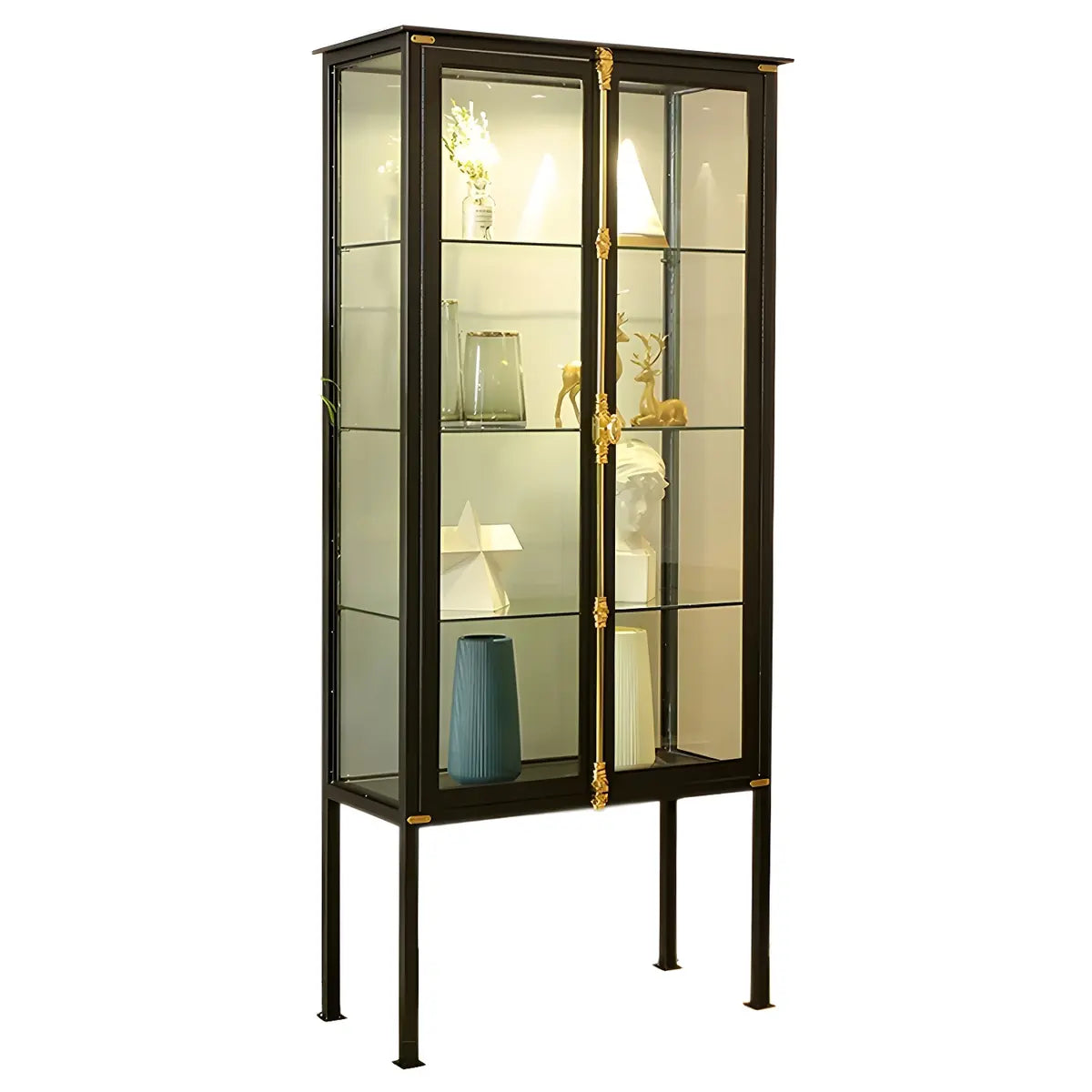 Classic Clear Glass Black Metal Curio Display Cabinet Image - 12