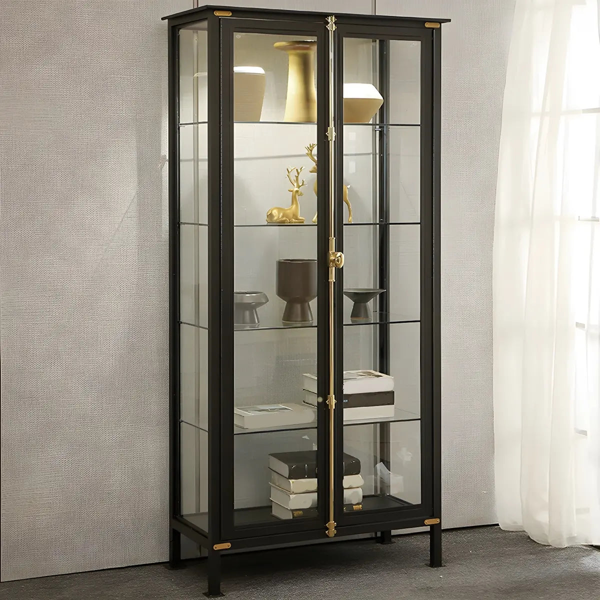 Classic Clear Glass Black Metal Curio Display Cabinet Image - 5