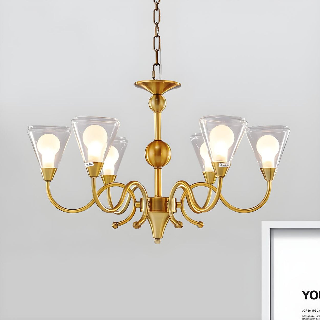 Classic Clear Glass Cone Gold Curved Arms Chandelier Image - 3