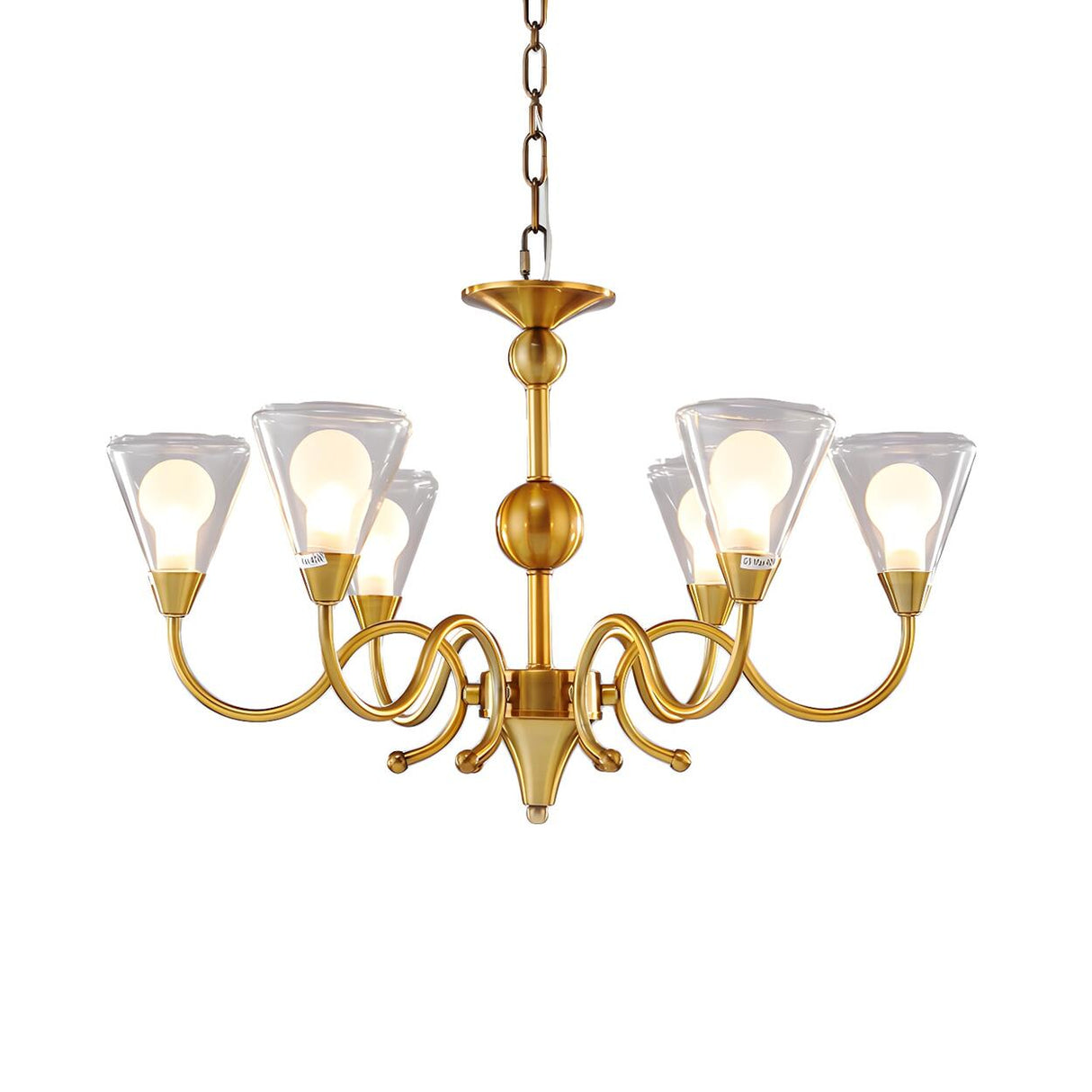 Classic Clear Glass Cone Gold Curved Arms Chandelier Image - 4