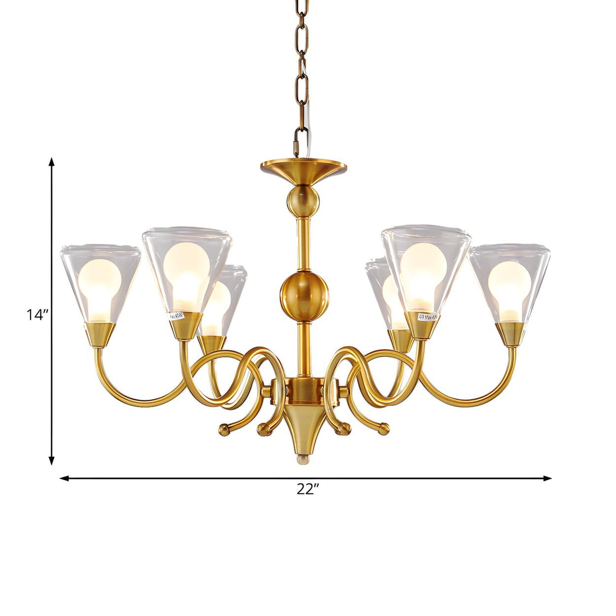 Classic Clear Glass Cone Gold Curved Arms Chandelier Image - 5