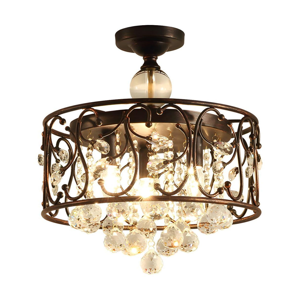 Classic Copper Cage Crystal Ball Semi-Flush Mount Light Image - 4