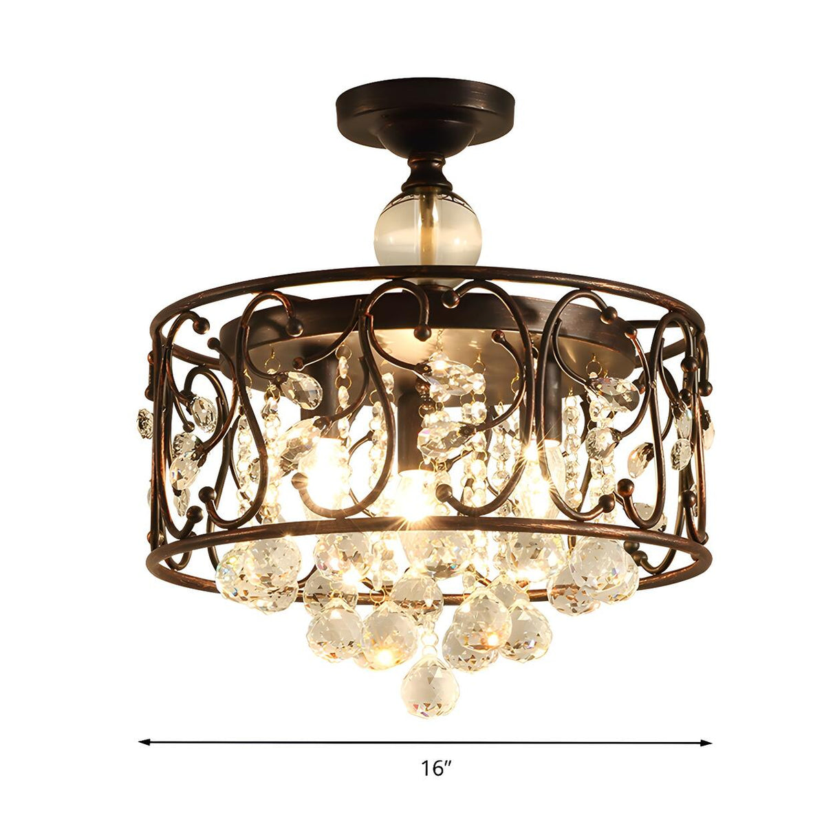 Classic Copper Cage Crystal Ball Semi-Flush Mount Light 