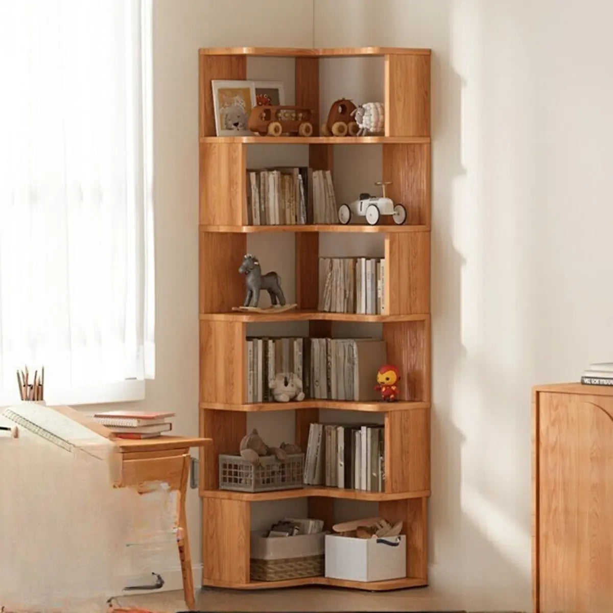 Classic Corner L-Shaped Open Wood Display Bookcase Image - 1