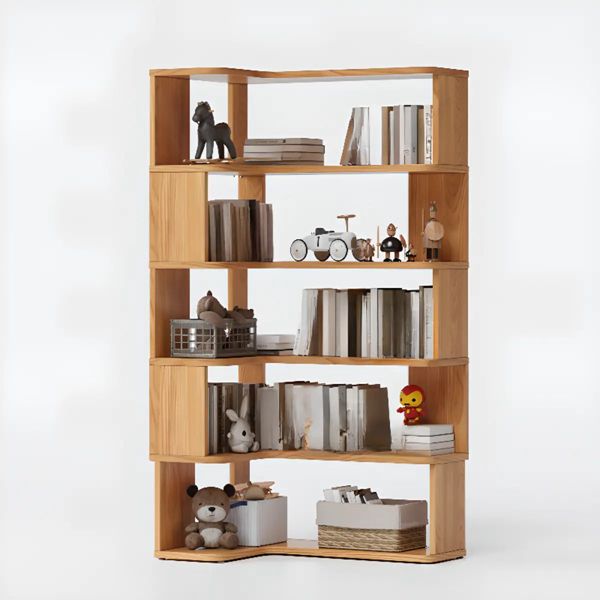 Classic Corner L-Shaped Open Wood Display Bookcase Image - 14