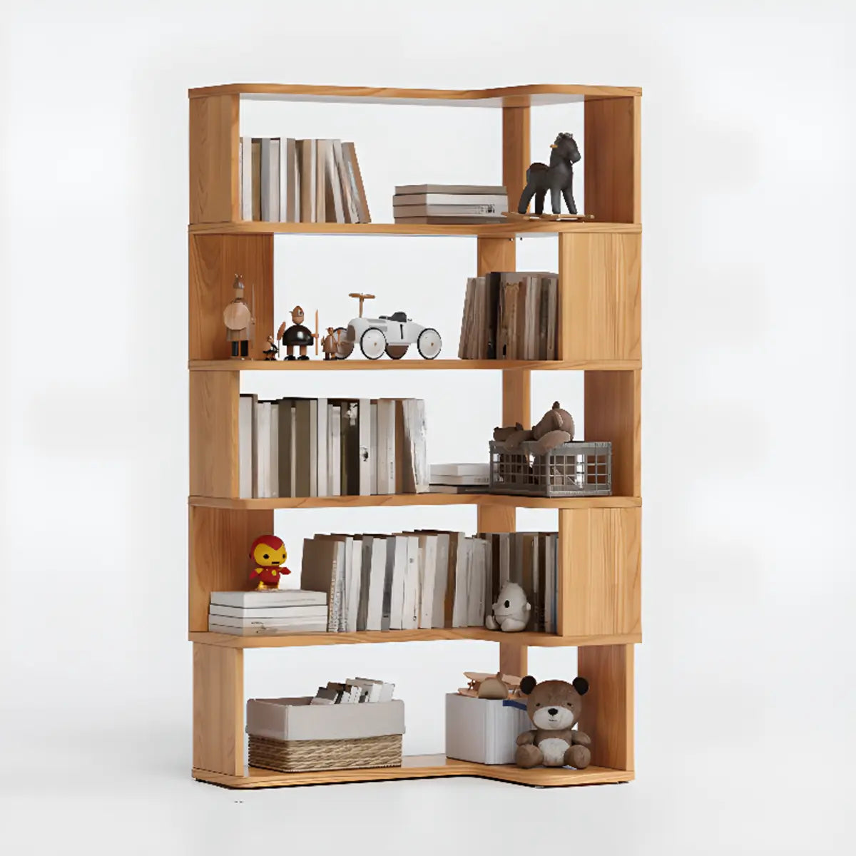 Classic Corner L-Shaped Open Wood Display Bookcase Image - 15