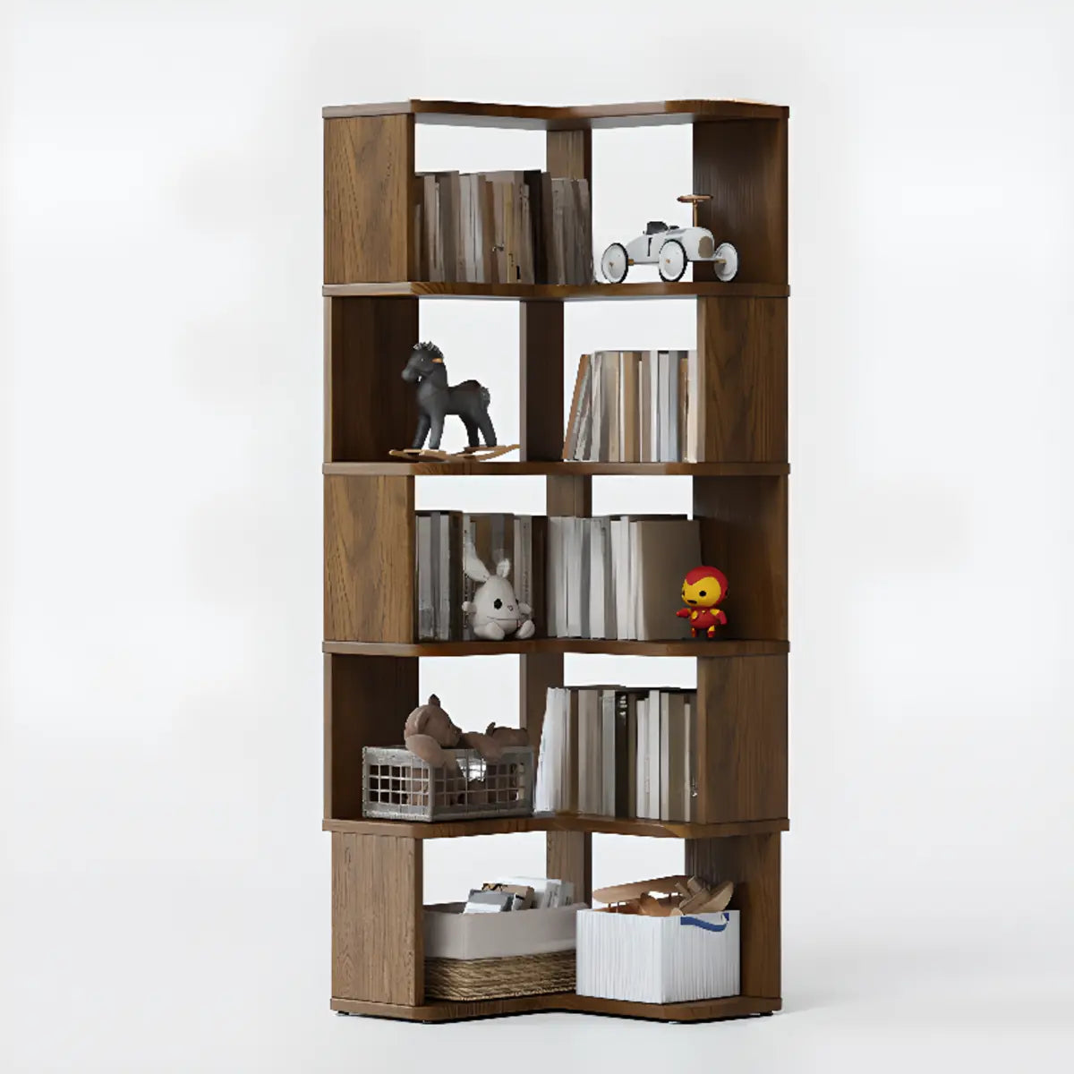 Classic Corner L-Shaped Open Wood Display Bookcase Image - 19